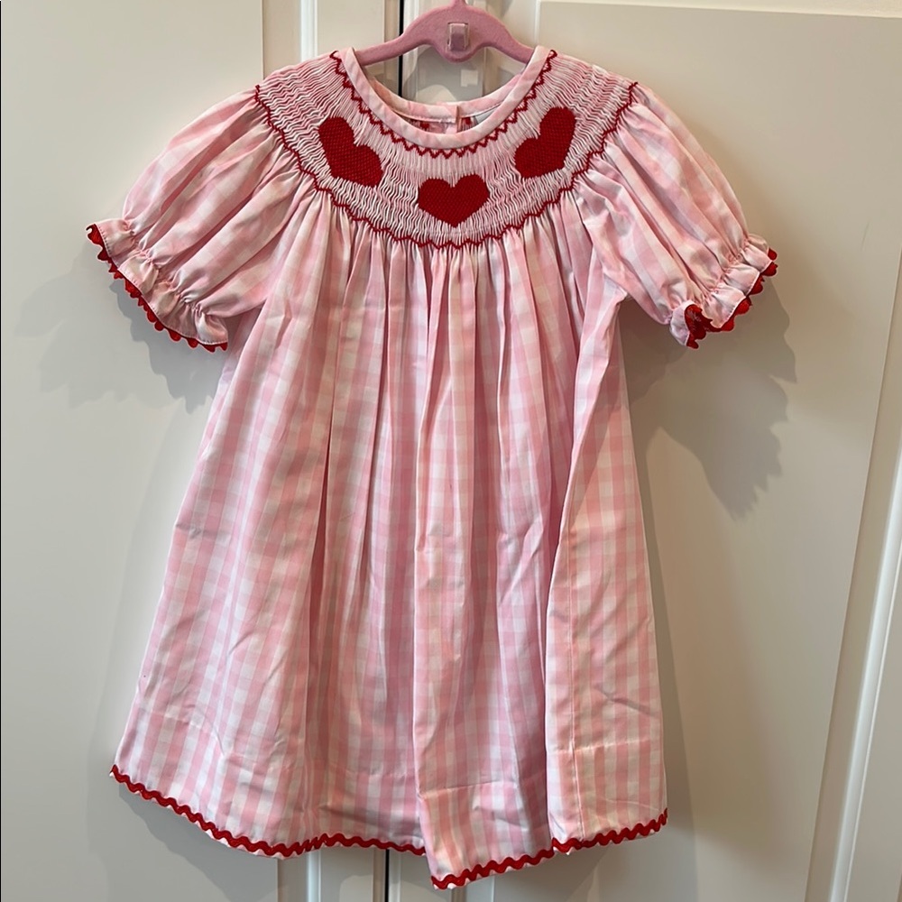 Pink Gingham Red Heart Smocked Dress